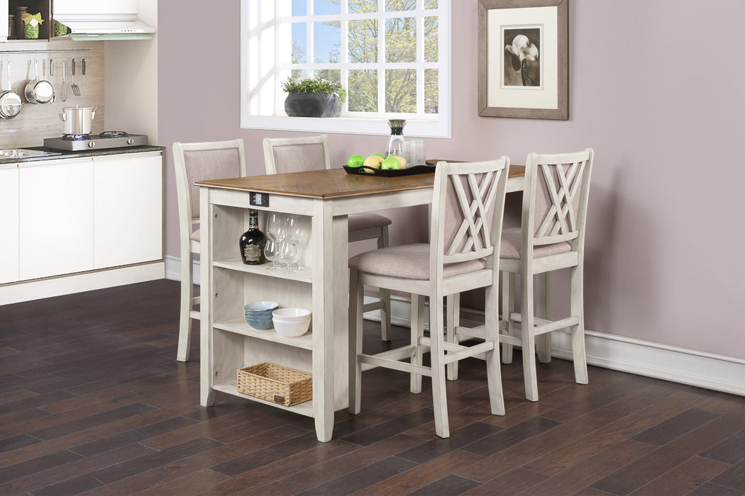 AMY 5 PC 60" COUNTER STORAGE TABLE+CHAIRS- BISQUE/BROWN