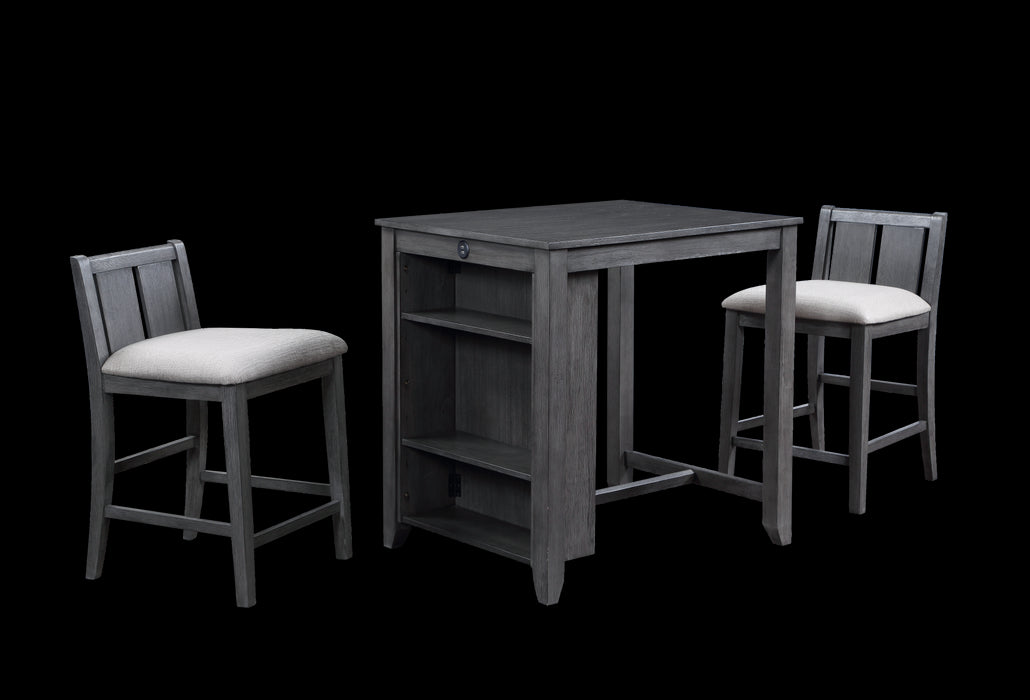 HESTON 36" STORAGE COUNTER TABLE SET W/2 CHAIRS-GRAY