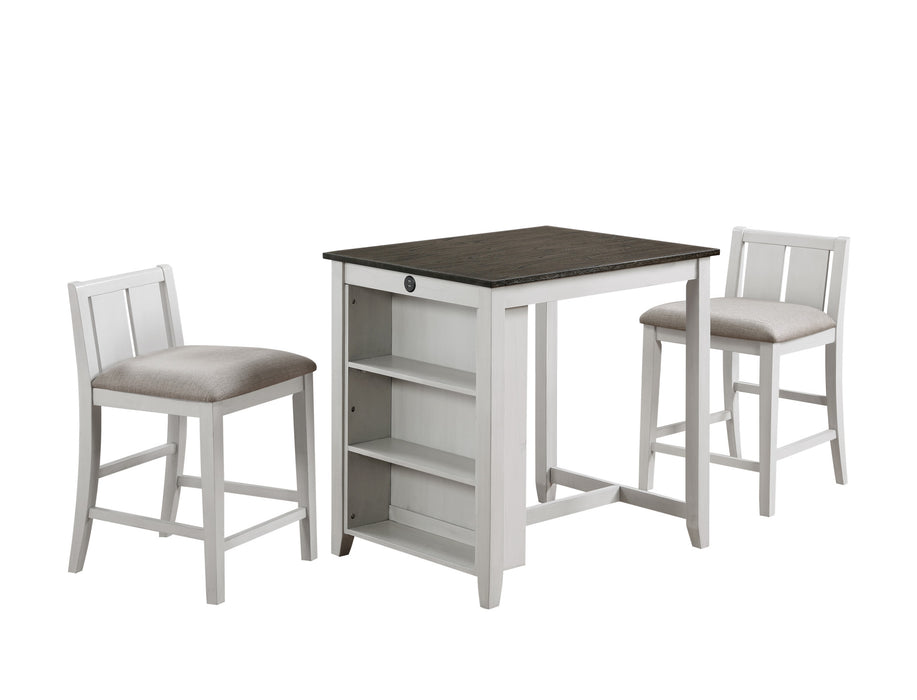 HESTON 36" STORAGE COUNTER TABLE SET W/2 CHAIRS-WHITE/BROWN