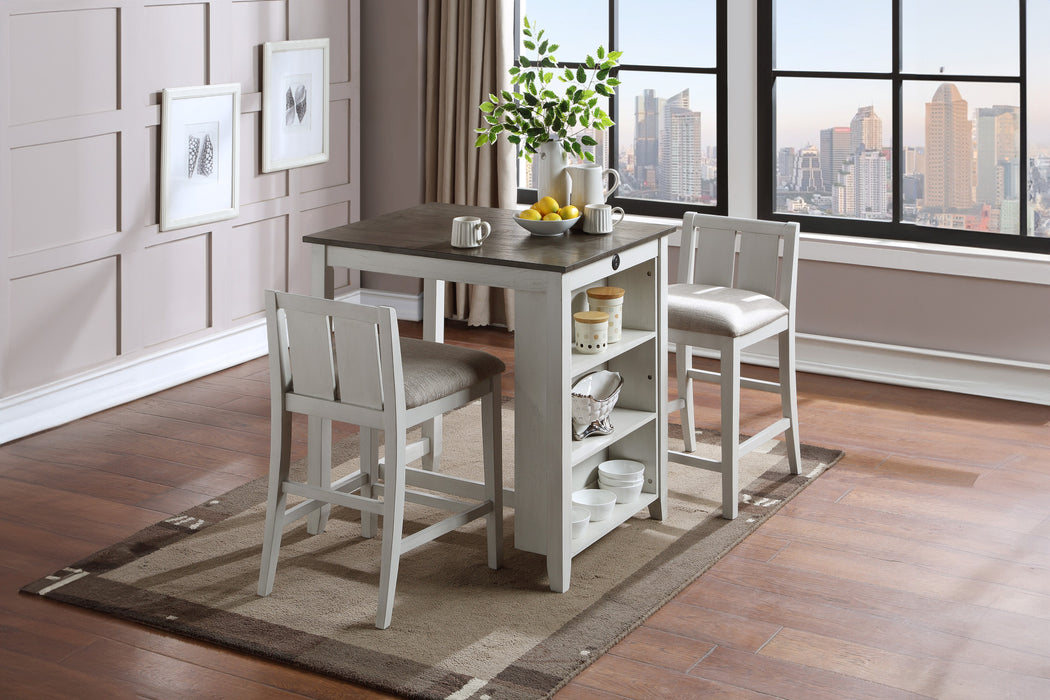 HESTON 36" STORAGE COUNTER TABLE SET W/2 CHAIRS-WHITE/BROWN