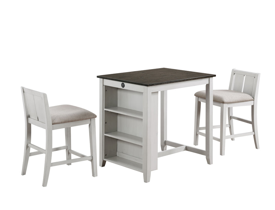 HESTON 36" STORAGE COUNTER TABLE SET W/2 CHAIRS-WHITE/BROWN