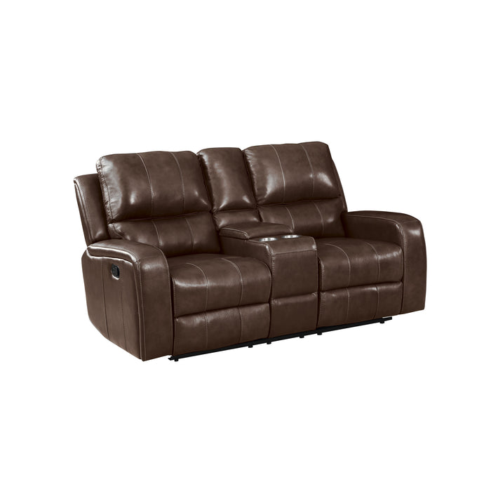 LINTON LEATHER CONSOLE LOVESEAT W/ DUAL RECLINERS-BROWN