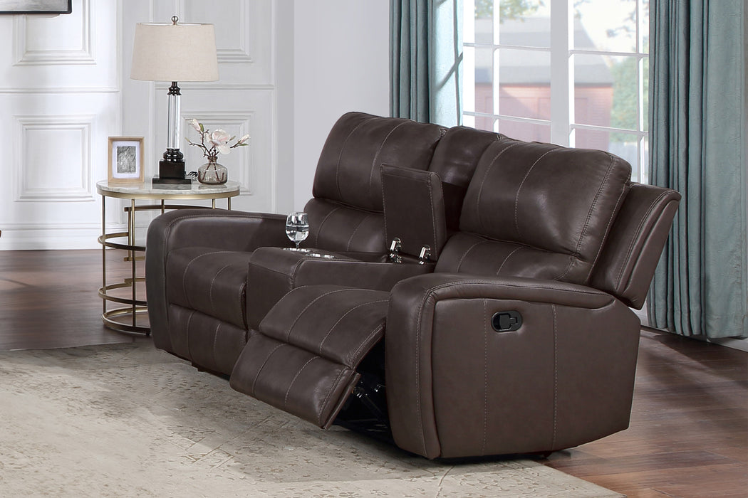 LINTON LEATHER CONSOLE LOVESEAT W/ DUAL RECLINERS-BROWN