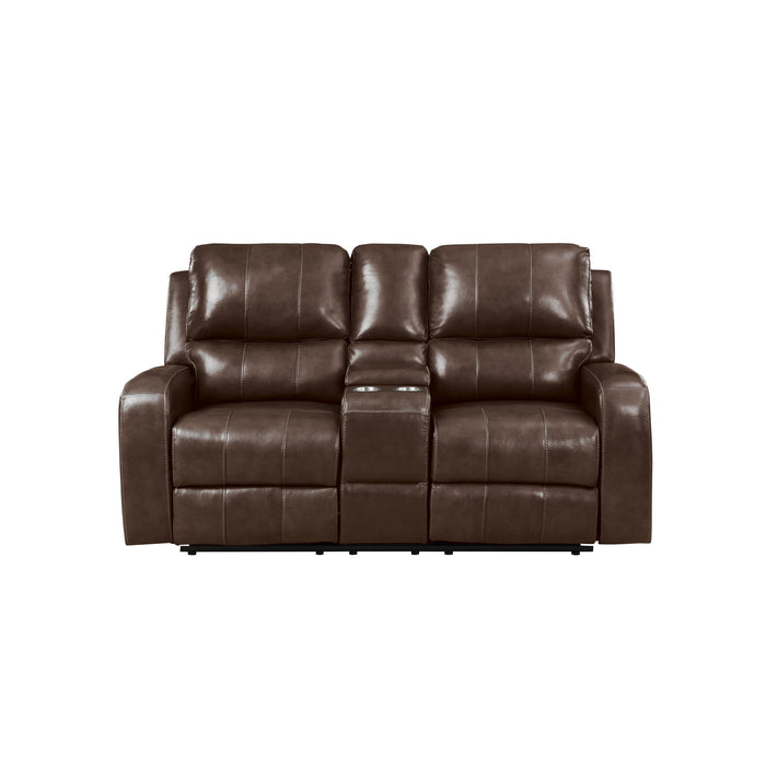 LINTON LEATHER CONSOLE LOVESEAT W/ DUAL RECLINERS-BROWN