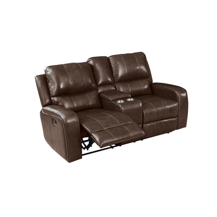 LINTON LEATHER CONSOLE LOVESEAT W/ DUAL RECLINERS-BROWN