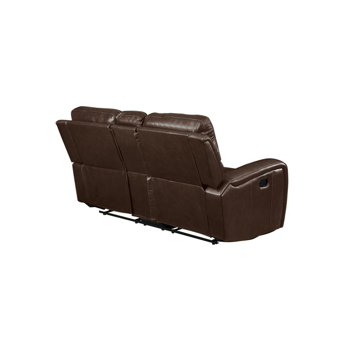 LINTON LEATHER CONSOLE LOVESEAT W/ DUAL RECLINERS-BROWN