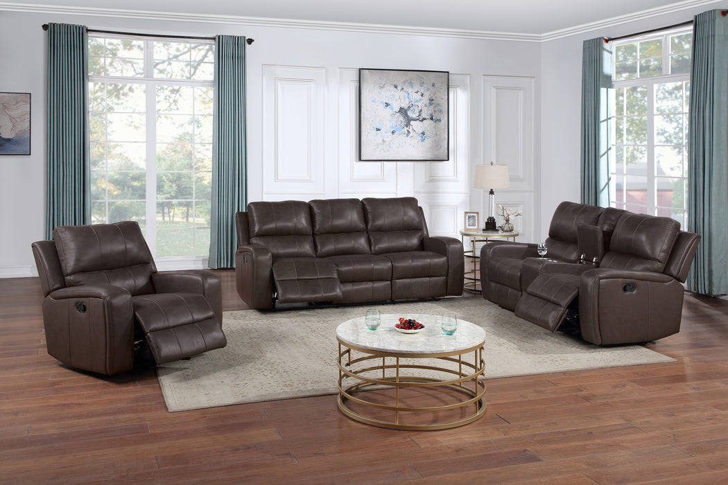 LINTON LEATHER CONSOLE LOVESEAT W/ DUAL RECLINERS-BROWN