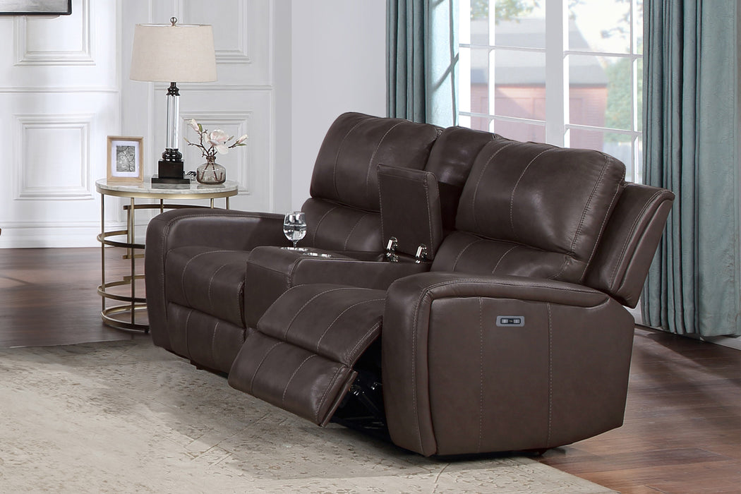 LINTON LEATHER CONSOLE LOVESEAT W/ PWR FR-BROWN