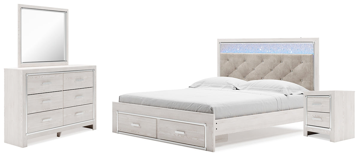 Altyra King Upholstered Storage Bed with Mirrored Dresser and Nightstand JR Furniture Store