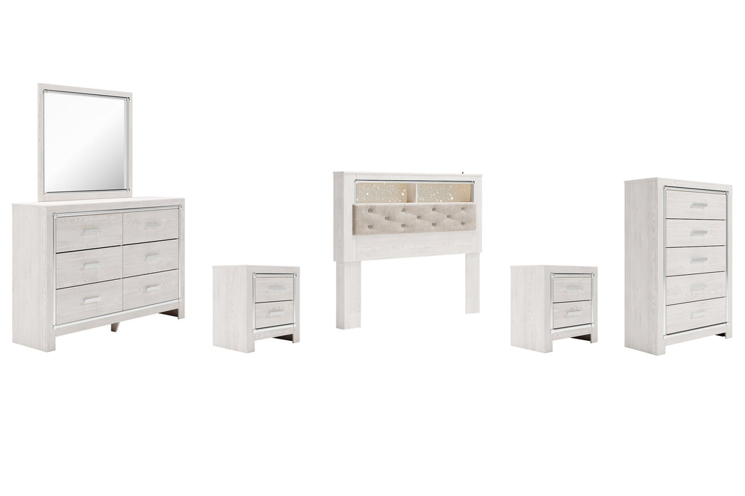 Altyra Queen Bookcase Headboard with Mirrored Dresser, Chest and 2 Nightstands JR Furniture Store