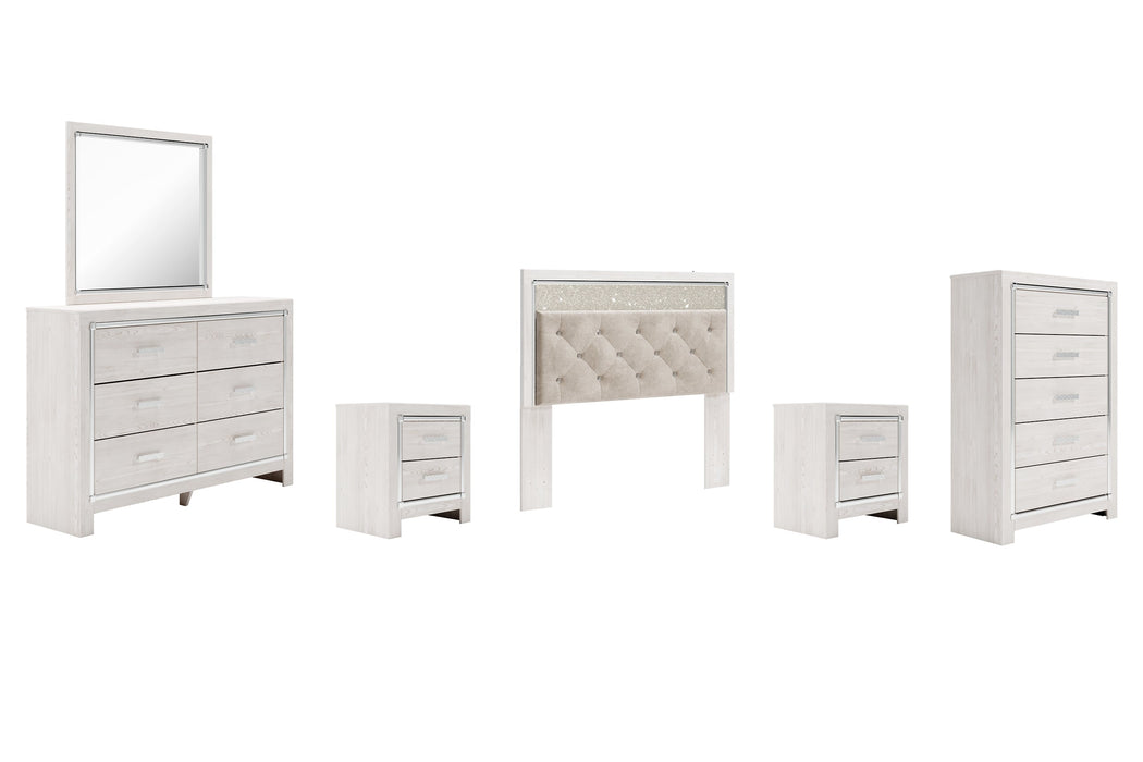 Altyra Queen Panel Headboard with Mirrored Dresser, Chest and 2 Nightstands JR Furniture Store