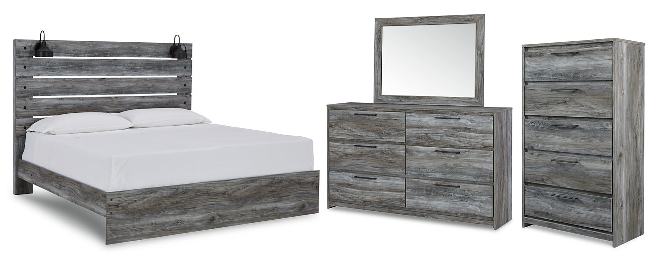 Baystorm King Panel Bed with Mirrored Dresser and Chest JR Furniture Store