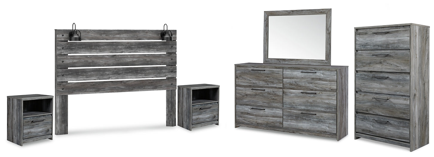 Baystorm King Panel Headboard with Mirrored Dresser, Chest and 2 Nightstands JR Furniture Store