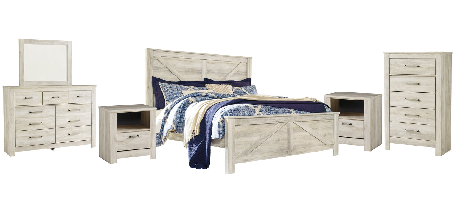 Bellaby Queen Crossbuck Panel Bed with Mirrored Dresser, Chest and 2 Nightstands JR Furniture Store