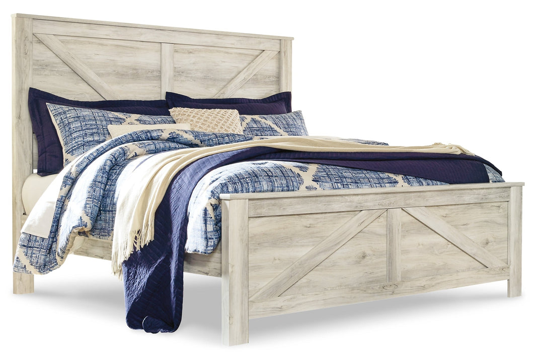 Bellaby Queen Crossbuck Panel Bed with Mirrored Dresser, Chest and 2 Nightstands JR Furniture Store