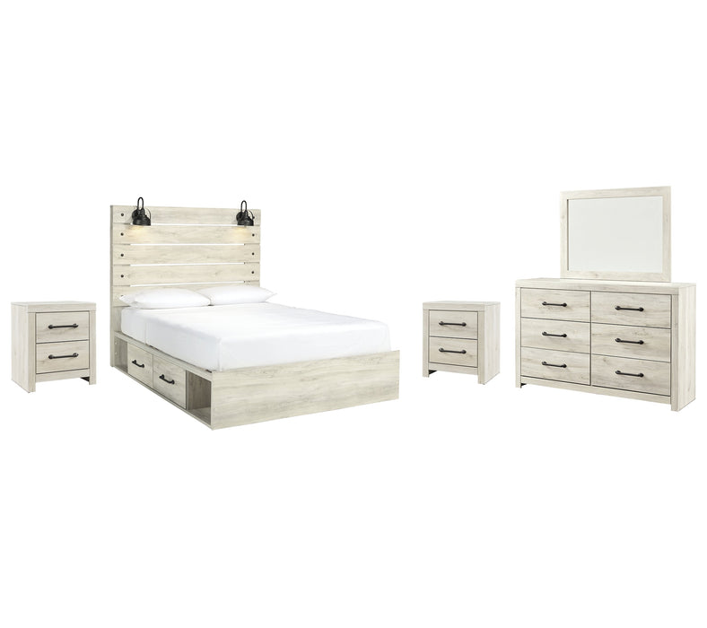 Cambeck Queen Panel Bed with 4 Storage Drawers with Mirrored Dresser and 2 Nightstands JR Furniture Store