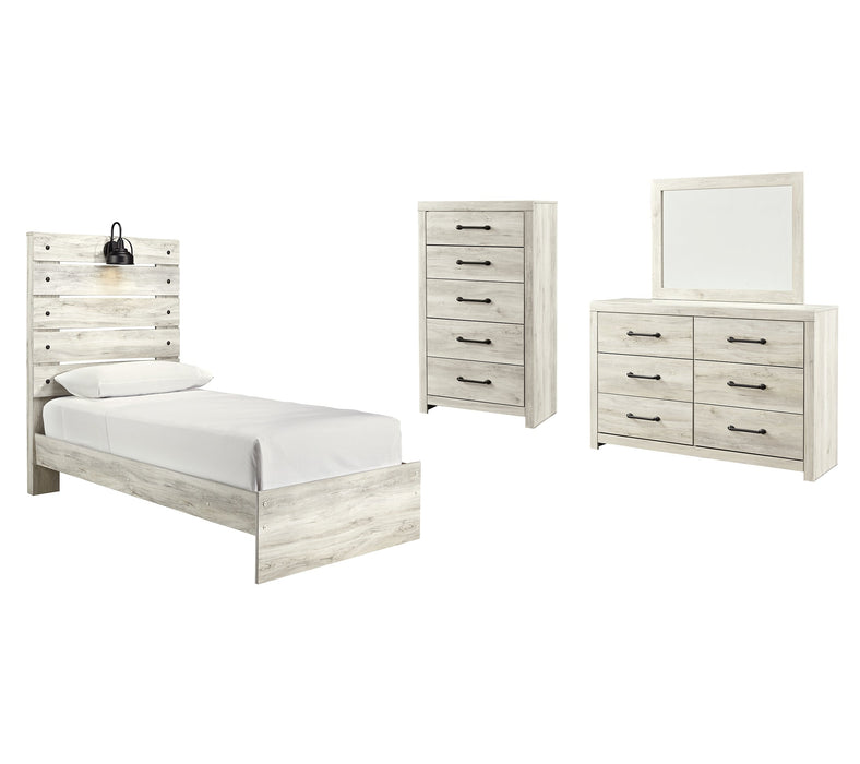 Cambeck Twin Panel Bed with Mirrored Dresser and Chest JR Furniture Store