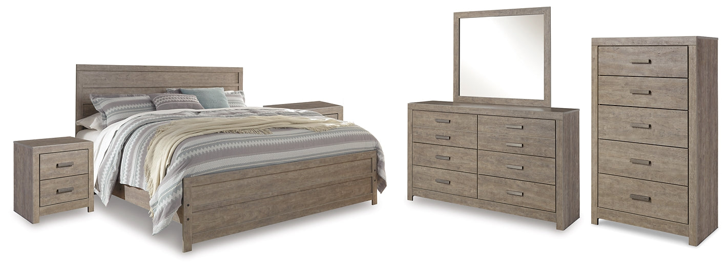 Culverbach King Panel Bed with Mirrored Dresser, Chest and 2 Nightstands JR Furniture Store