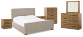 Dakmore King Upholstered Bed with Mirrored Dresser, Chest and 2 Nightstands JR Furniture Store