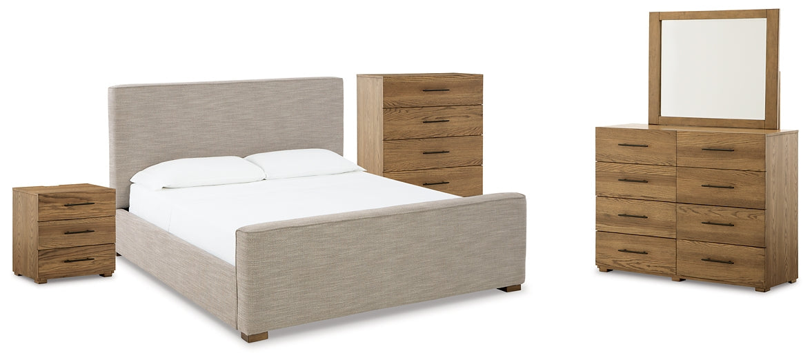 Dakmore King Upholstered Bed with Mirrored Dresser, Chest and Nightstand JR Furniture Store