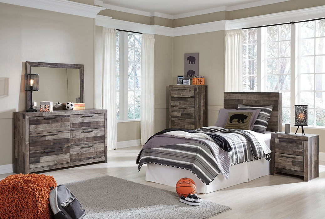 Derekson Twin Panel Headboard with Mirrored Dresser, Chest and Nightstand JR Furniture Store