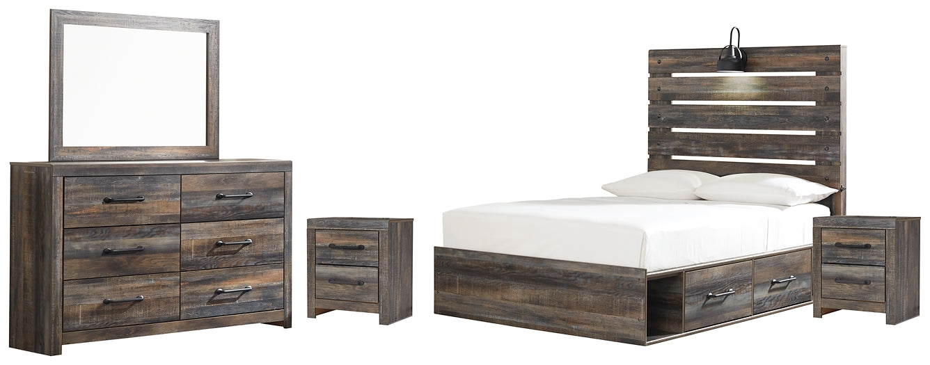 Drystan Full Panel Bed with 4 Storage Drawers with Mirrored Dresser and 2 Nightstands JR Furniture Store