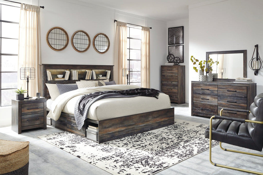 Drystan King/California King Bookcase Headboard with Mirrored Dresser, Chest and 2 Nightstands JR Furniture Store