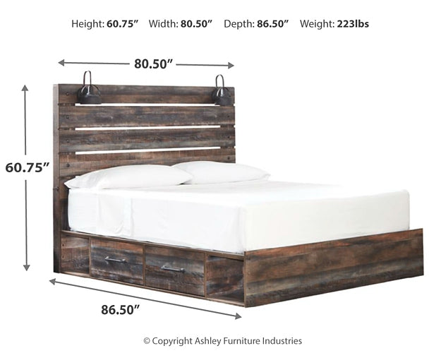 Drystan King Panel Bed with 2 Storage Drawers with Mirrored Dresser and Nightstand JR Furniture Store