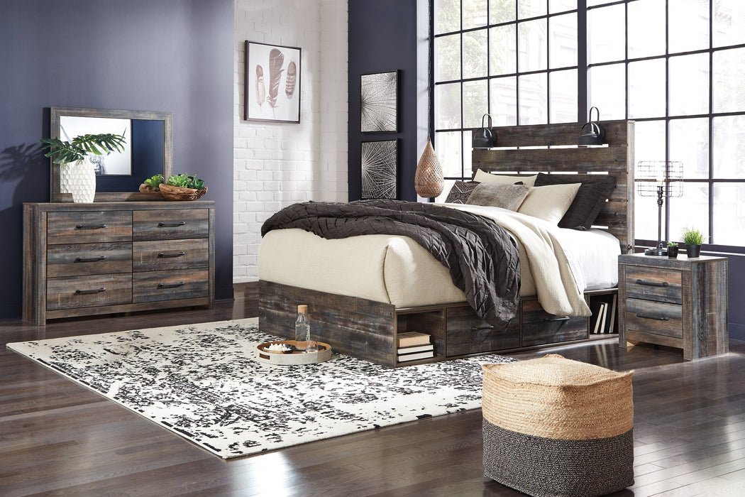 Drystan King Panel Bed with 4 Storage Drawers with Mirrored Dresser, Chest and Nightstand JR Furniture Store