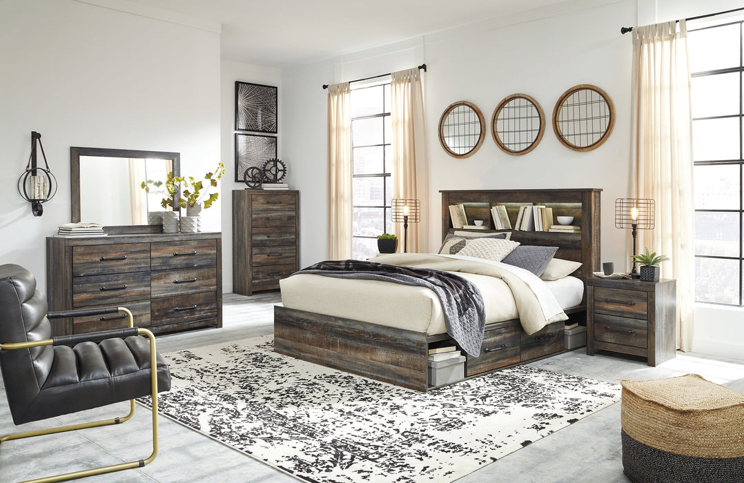 Drystan Queen Bookcase Bed with 2 Storage Drawers with Mirrored Dresser, Chest and 2 Nightstands JR Furniture Store