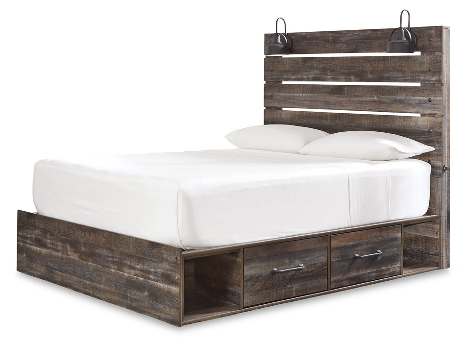 Drystan Queen Panel Bed with 2 Storage Drawers with Mirrored Dresser and 2 Nightstands JR Furniture Store