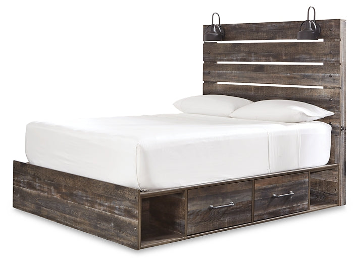 Drystan Queen Panel Bed with 2 Storage Drawers with Mirrored Dresser and Chest JR Furniture Store