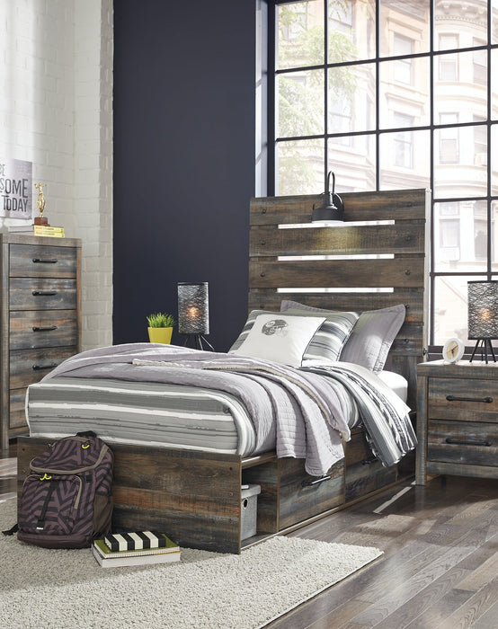 Drystan Twin Panel Bed with 4 Storage Drawers with Mirrored Dresser, Chest and Nightstand JR Furniture Store