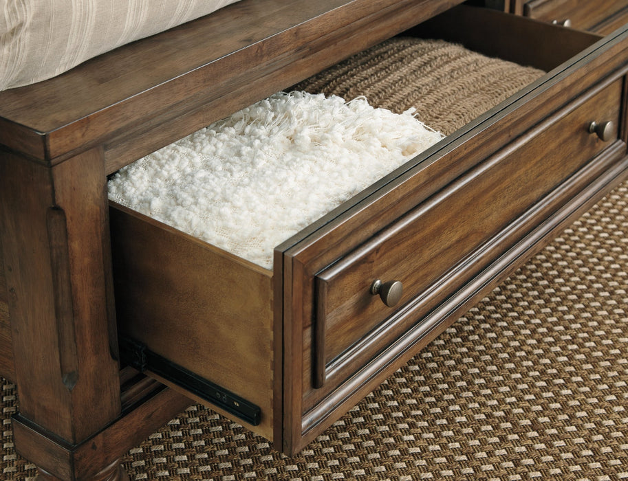 Flynnter King Panel Bed with 2 Storage Drawers with Mirrored Dresser, Chest and Nightstand JR Furniture Store