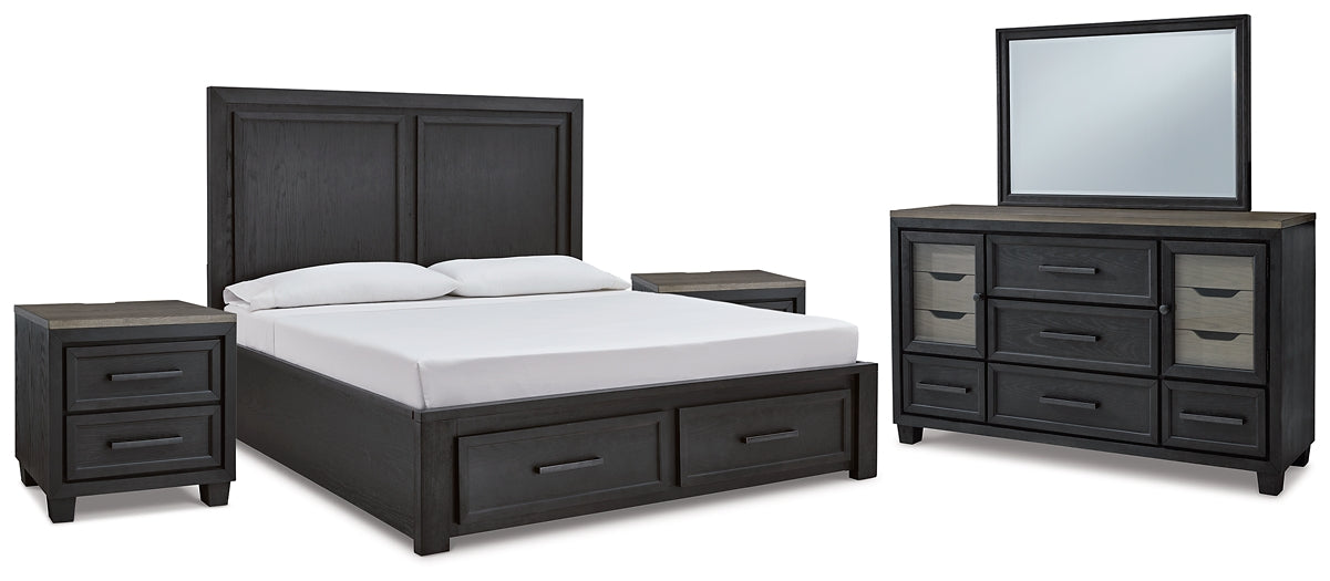 Foyland King Panel Storage Bed with Mirrored Dresser and 2 Nightstands JR Furniture Store