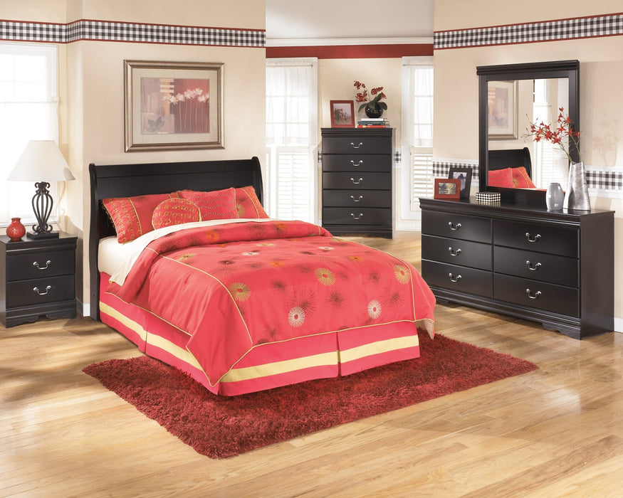 Huey Vineyard Full Sleigh Headboard with Mirrored Dresser, Chest and Nightstand JR Furniture Store